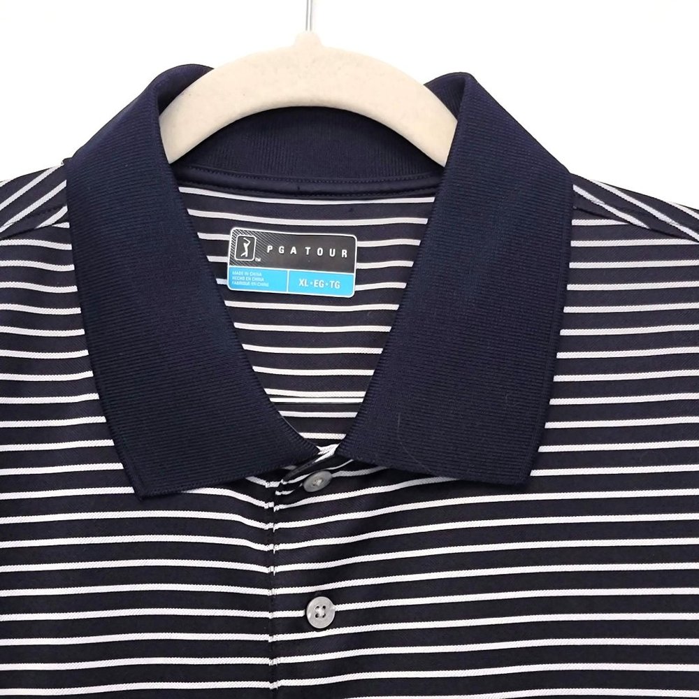PGA Tour Midnight Blue & White Striped Short Sleeve Polo Shirt Size XL - Picture 2 of 9